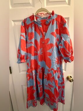 Casual Blue Dress with Bold Coral Floral Print